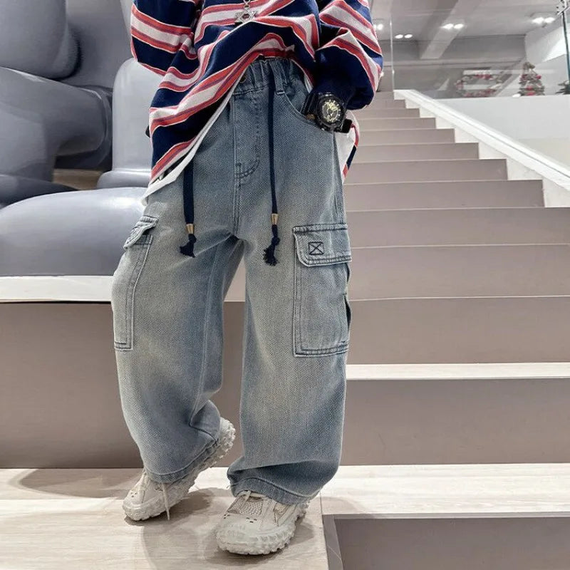 2025 Spring Autumn New Boys Loose Straight Jeans Lightweight Casual Pants for Tween Boys - Premium Denim Straight Leg Long Pants
