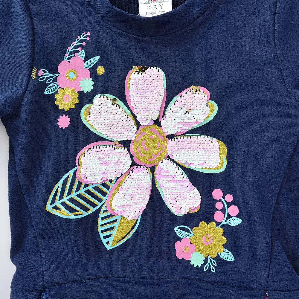 DXTON Autumn Winter Girls Clothing Flower Sequined Long Sleeve Children Sweater Dresses Mesh Patchwork Princess Cotton Dresses