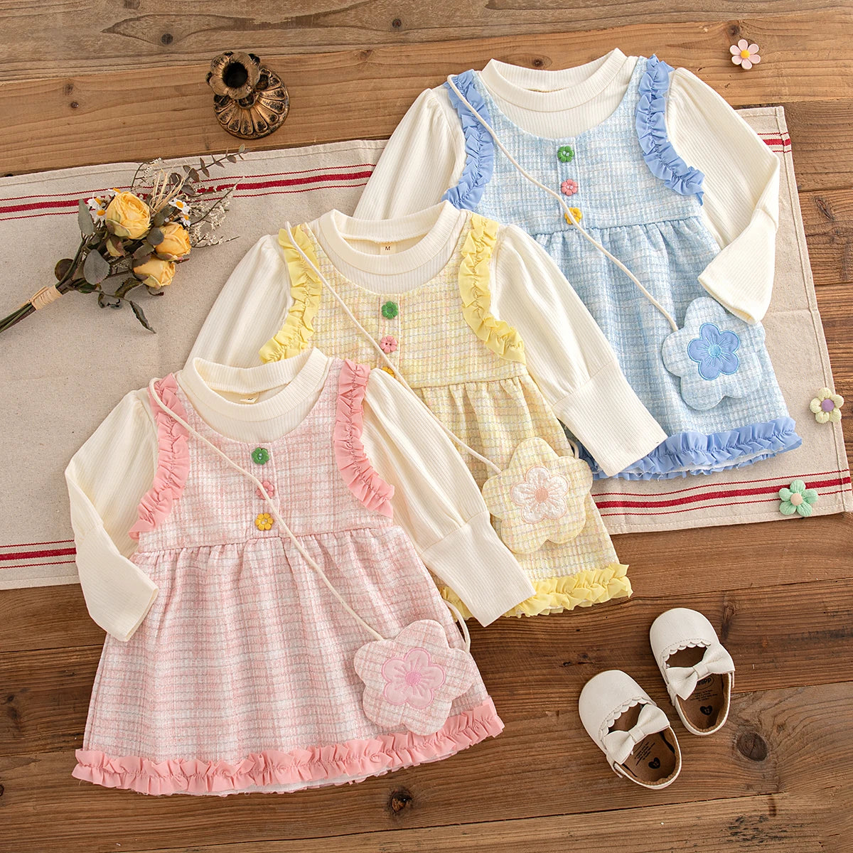 9 Months -3 Years Old Spring And Autumn New Simple Striped Baby Girl Dress, White Long Sleeved Children'S Clothing + Flower