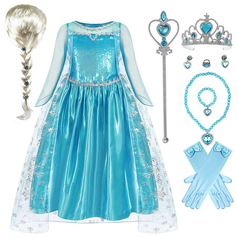 Disney Kids Girls Cosplay Frozen Elsa Anna Princess Dress Girl Mesh Ball Gown Carnival Birthday Clothes Snow Queen Elsa Costume