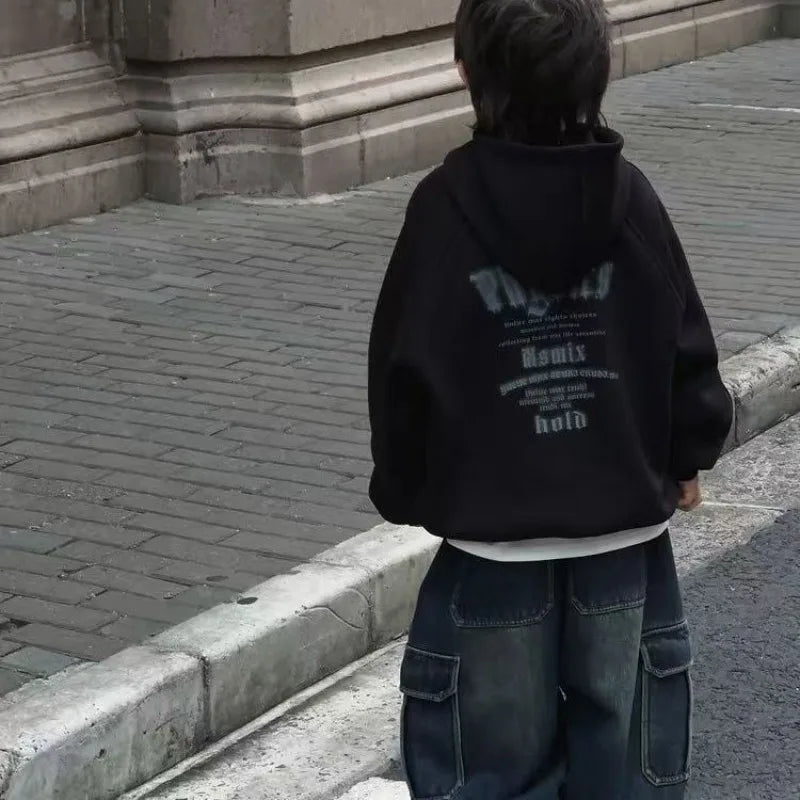 2025 New Boys' Vintage American-Style Mid-Large Slouchy Loose Fit Thickened Fleece-Lined Casual Hoodie for Autumn Winter