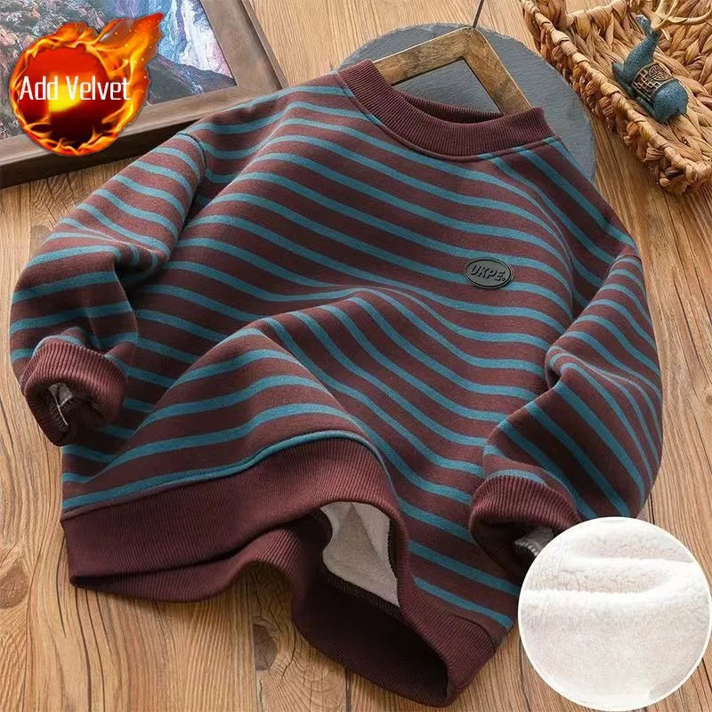 Boys' Striped Fleece-Lined Thickened Long Sleeve Sweatshirt 2025 Winter New Arrival Warm Base Layer Mid-Big Size Top
