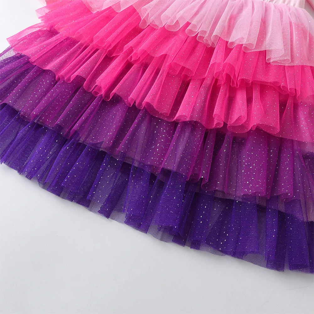 VIKITA Girls Heart Design Butterfly Print Dress Kids Pink Dresses Girls Autumn Spring Long Sleeve Mesh Tulle Layered Vestidos