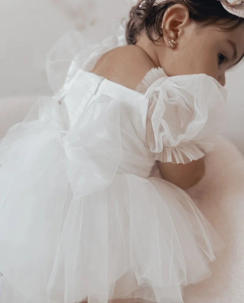 2025 Summer Baby Clothes 100 Day Baptism Birthday Party Sleeveless jumpsuit Mesh Bow Romper Girl Princess Dress