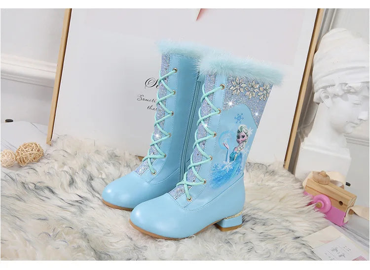 Disney Girls' Leather Boots Winter Cartoon Frozen Boots Side Zipper High Plush Princess Elsa Boots Warm Children's Boots Size 27