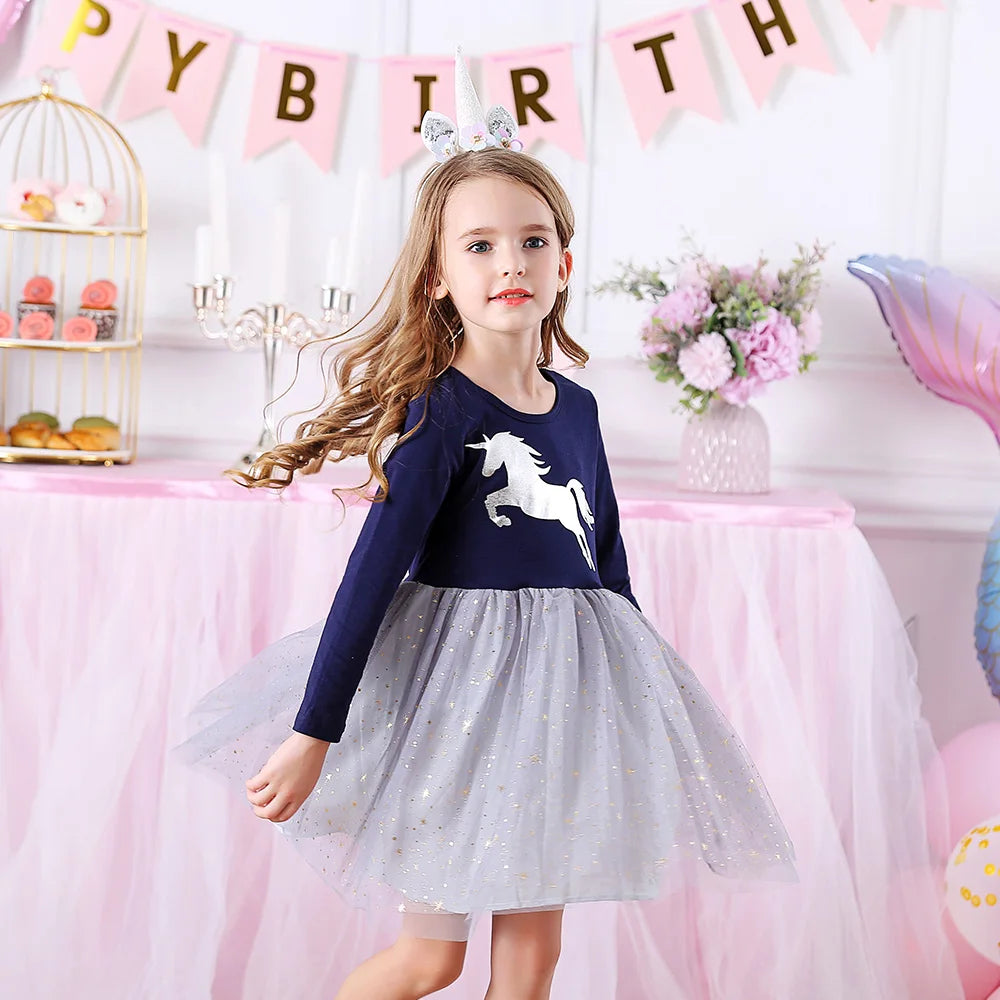 VIKITA Girls Unicorn Print Dress Kids Sequins Princess Dresses Kids Long Sleeve Autumn Spring Patchwork Mesh Tulle Cute Dresses