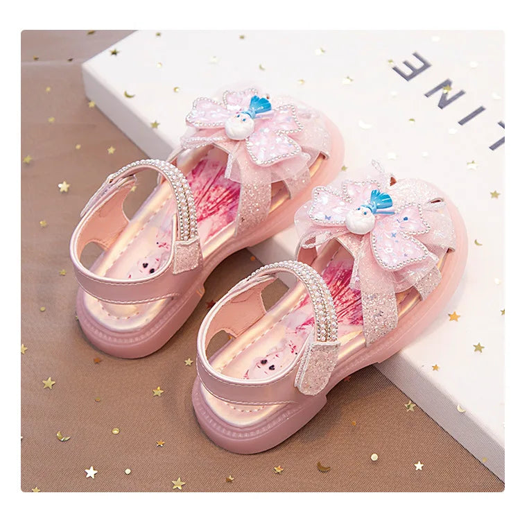 Kids'Sandalsl Led Light Elsa Princess Frozen PU Leather Sequin Pearl Summer Shoes Anti-slip Breathable Pink Blue Size 22-32