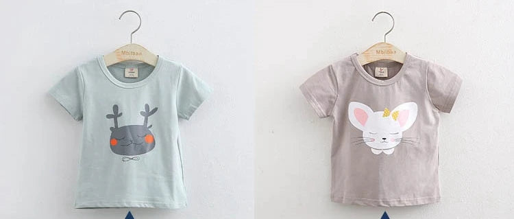 2025 Summer 2 3 4 6 8 10 Years Children Cotton Cartoon Star Bird Cat Rabbit Animal Print Short-Sleeve T-Shirt For Kids Baby Girl