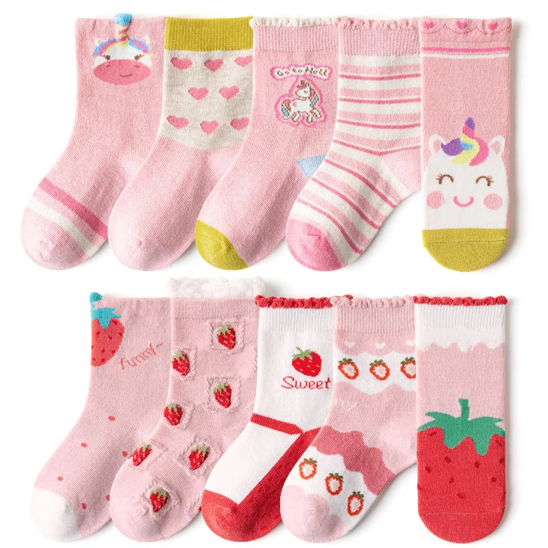 5/10 pairs/lot Kids Socks for Girls 2025 Cute Cartoon Unicorn Floral Print Children Ankle Short Breathable Cotton Toddler Sock