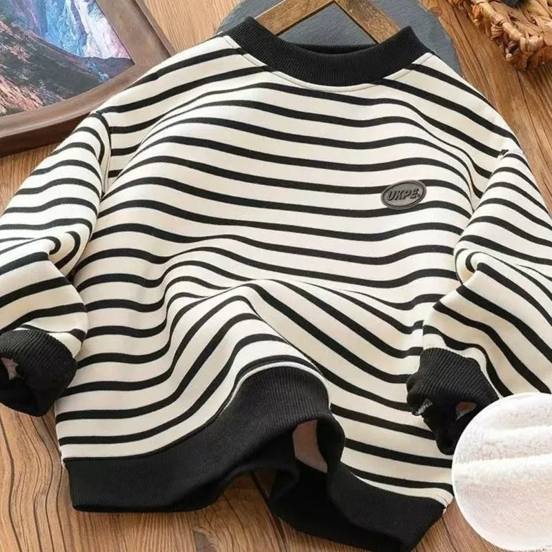 Boys' Striped Fleece-Lined Thickened Long Sleeve Sweatshirt 2025 Winter New Arrival Warm Base Layer Mid-Big Size Top