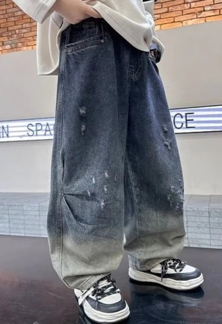 2025 New Boys' Gradient Denim Jeans Straight Leg Loose Fit Wide Pants for Kids Spring/Fall Casual Wear, Trendy & Stylish