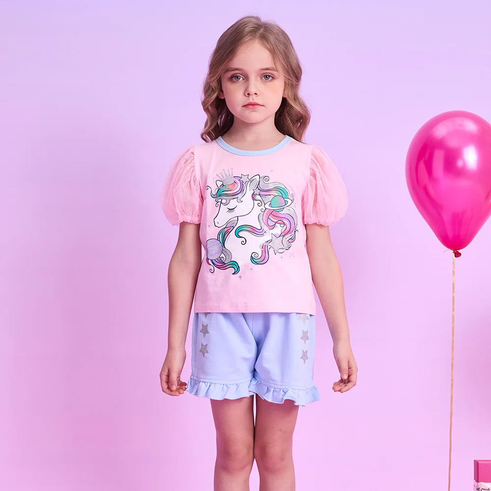 VIKITA Girls Clothing Sets for Summer Kids Unicorn Cartoon Print Short Sleeve Cotton T Shirt and Ruffles Shorts Pants 2 Pcs Suit