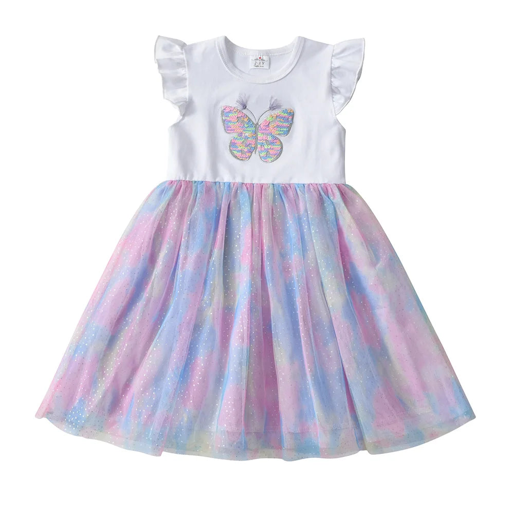 VIKITA Girls Summer Casual Dresses Toddlers Butterfly Sequins Flare Sleeveless Patchwork Princess Dress Girl Party Dresses 3-8 Y