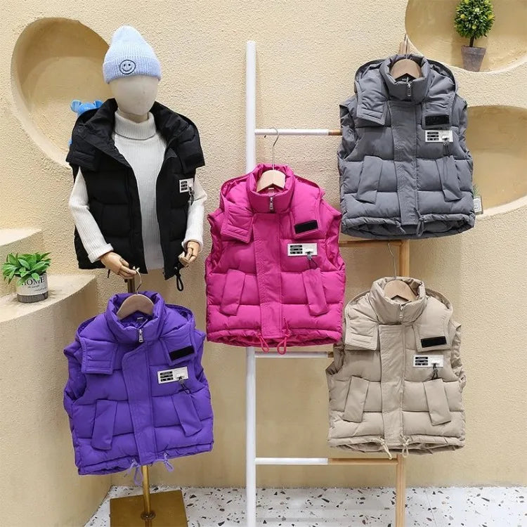 2025 Kids Puffy Windproof Quilted Sleeveless Jacket Korean Style Oversized Cargo Vest for Toddler Boys Thermal Insulated Outdoor