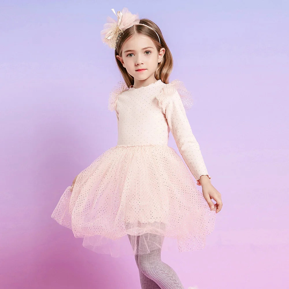 VIKITA Girls Knitted Dress Long Sleeve Autumn Spring Pink Dresses Girls Birthday Party Mesh Cotton Casual Dress Kids Clothes