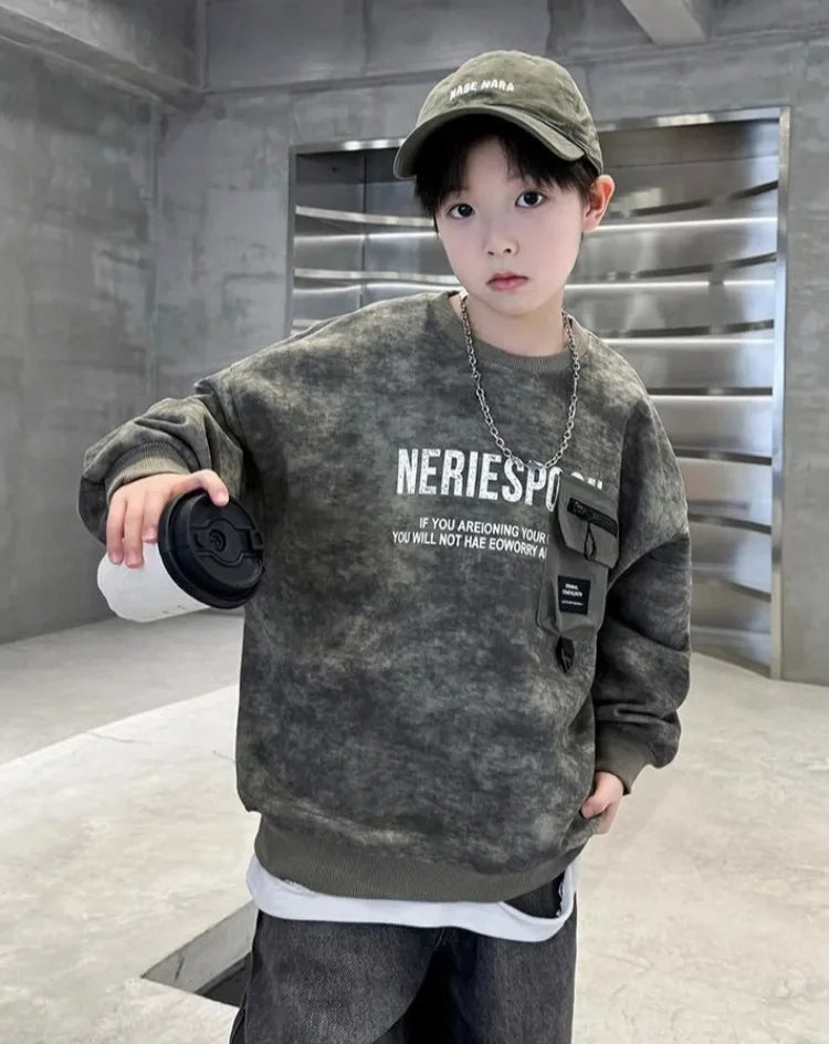 Boys' Middle/Big Kids 2025 New Spring/Autumn Long Sleeve Korean Style Edgy Loose Fit Sweatshirt Tops