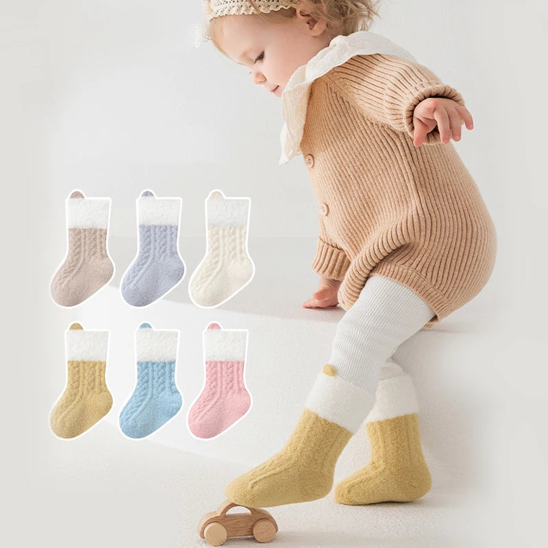 3/6 Pairs Newborn Socks Autumn Winter Thick Solid Color Kids Socks Mid-Tube Baby Socks For Boys And Girls