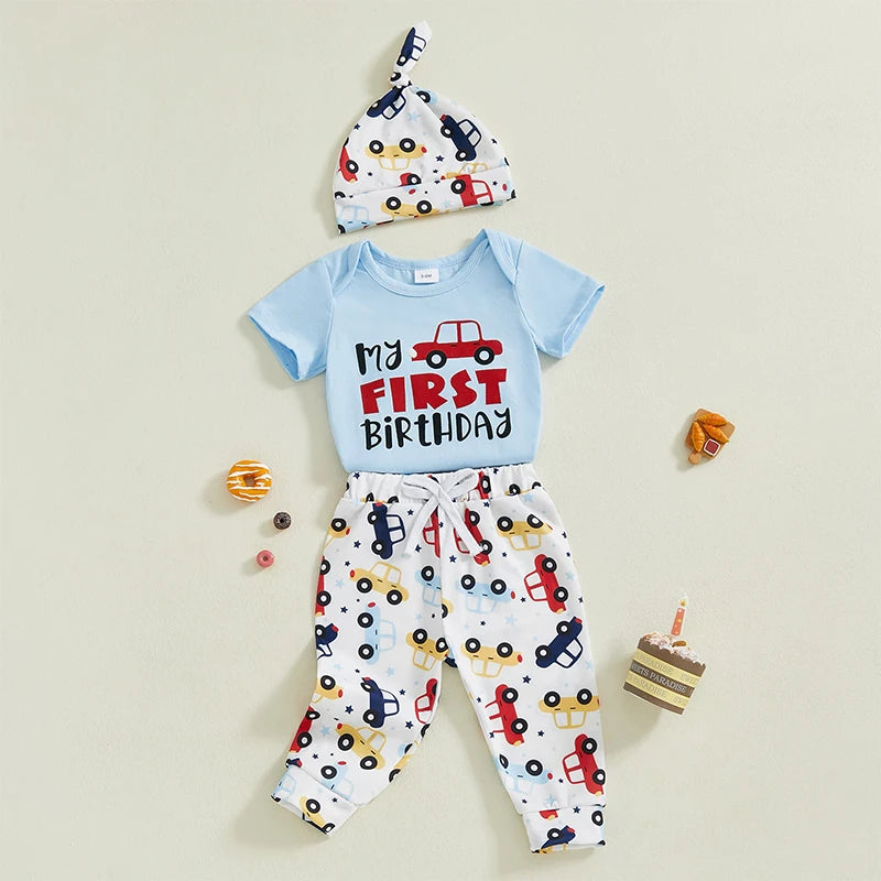 Toddler Boy Birthday Clothes Short Sleeve One Print Romper Car Pattern Long Pants Hat 3 Piece Outfit Set for Boys