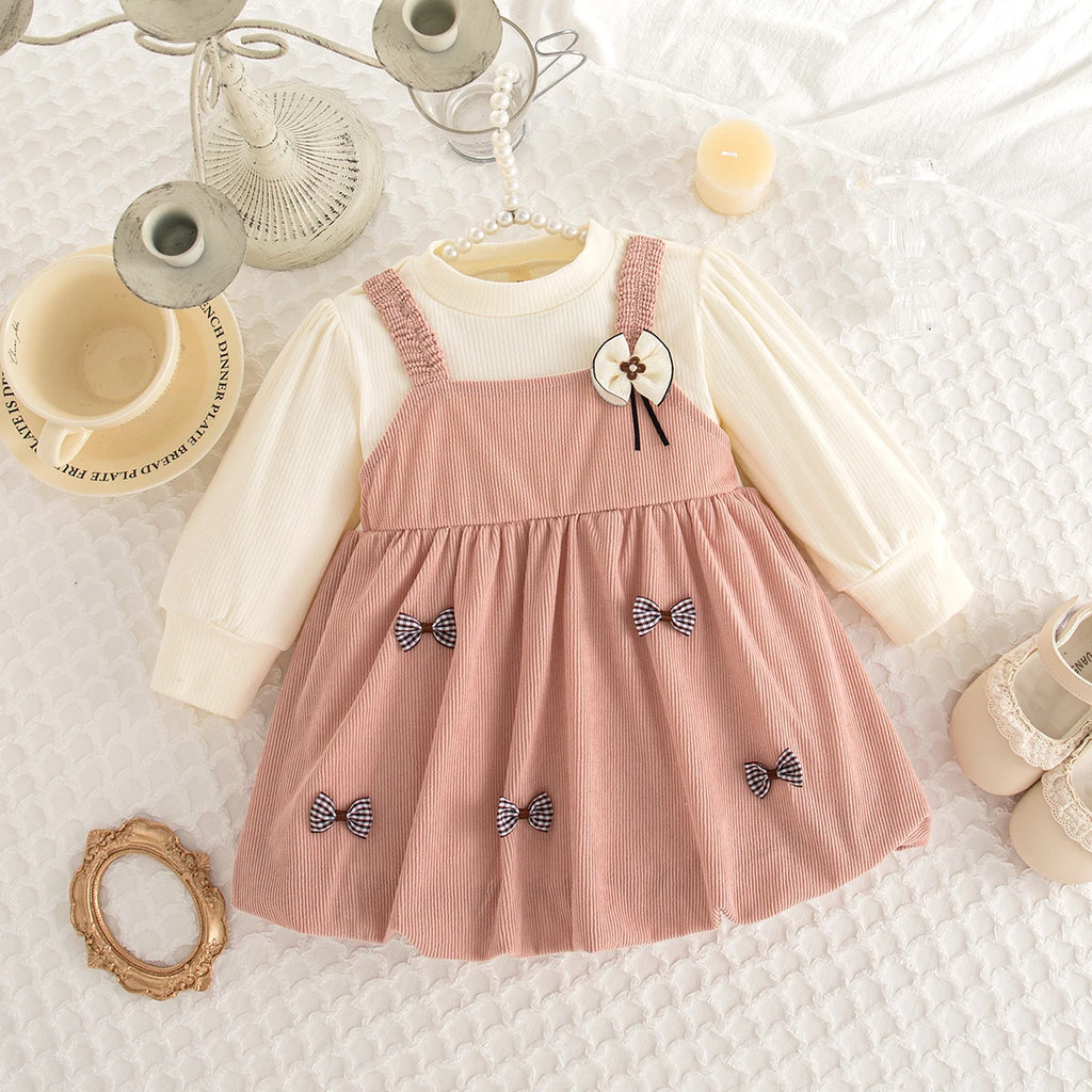 Spring And Autumn New Korean Style Baby Girl Dress, Sweet Bow Children'S Long Sleeved Clothes For Babies Aged 9 Months - 3 Years