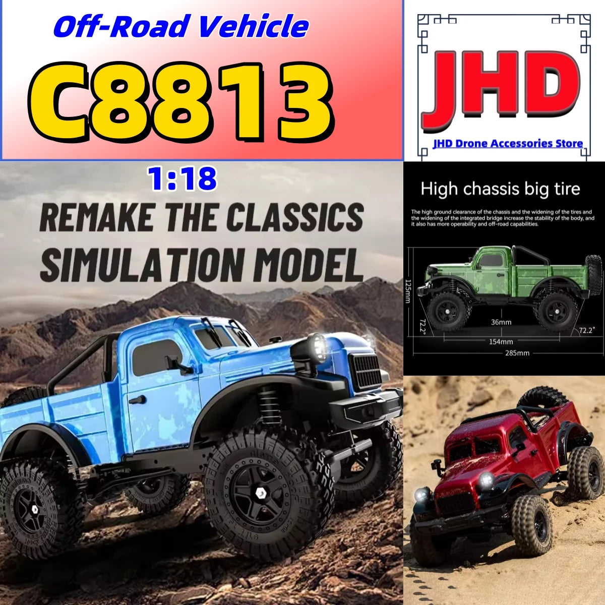 JHD For C8813 1:18 Full Scale RC Simulation Jeep Model 2.4G 4WD RC Car Motor Climbing Off-Road Model JJRC C8813 Car Toys