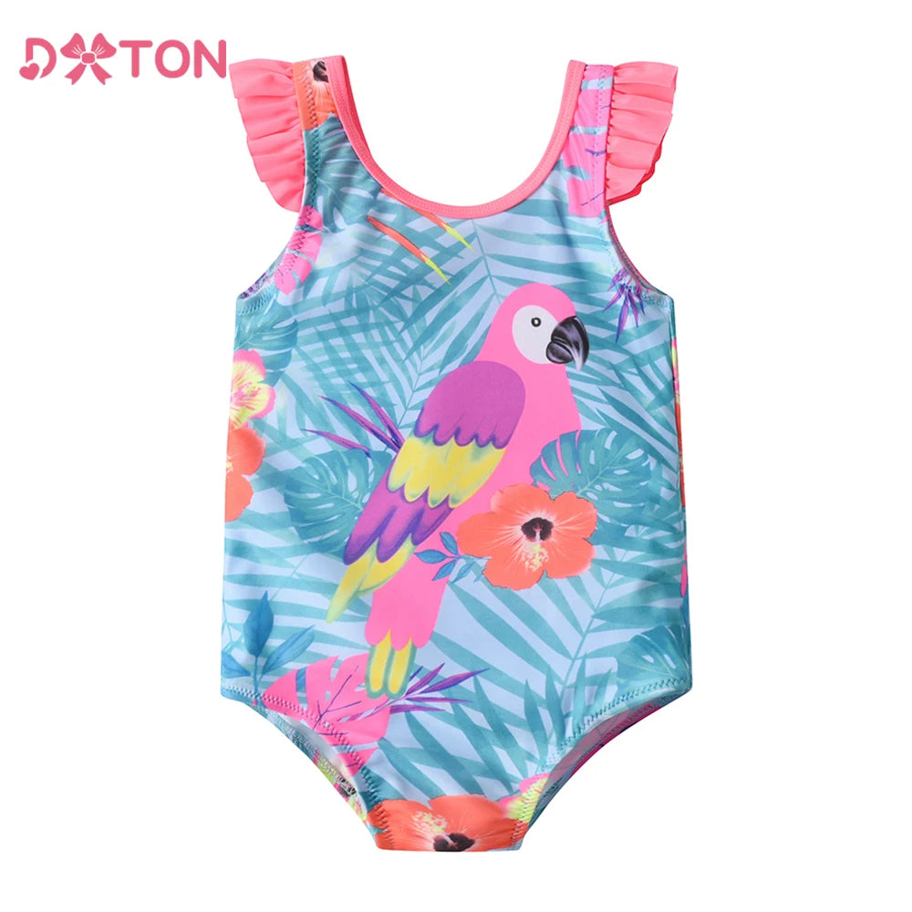 DXTON Toddler Baby Girls Swimsuits Elastic One Piece Kids Swimming Clothing Bird Flower Print Ruffled Vest Children's Beachwear