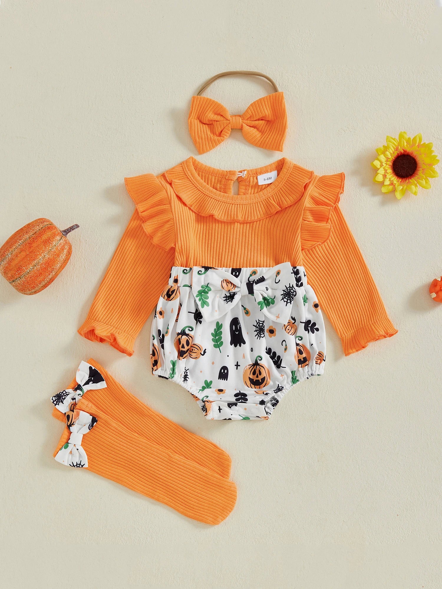 Adorable Baby Boys Halloween Costume Ghost Print Romper with Hat and Socks Set for Infant Toddler Outfits Spooky Fun