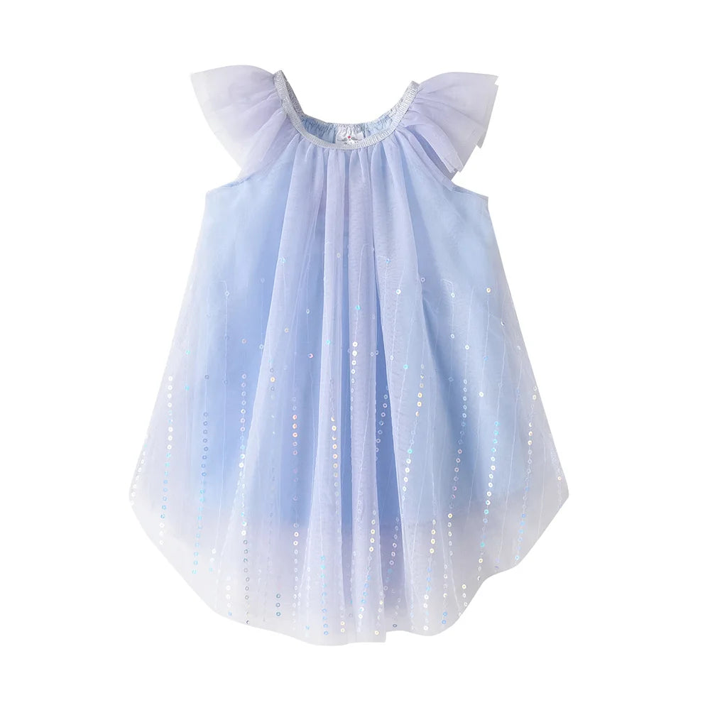 VIKITA Girls Light Blue Sleeveless Ruffled Tulle Shoulders Mesh Sling Dress Kids Fairy Elf Fashion Princess Party Frocks
