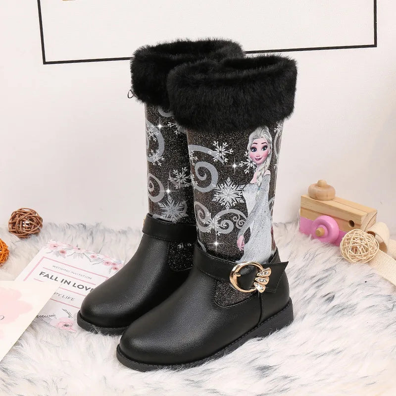 Disney Girls' Leather Boots Winter Cartoon Frozen Boots Zipper High Plush Princess Elsa Boots Warm Children's Boots Size 25-36