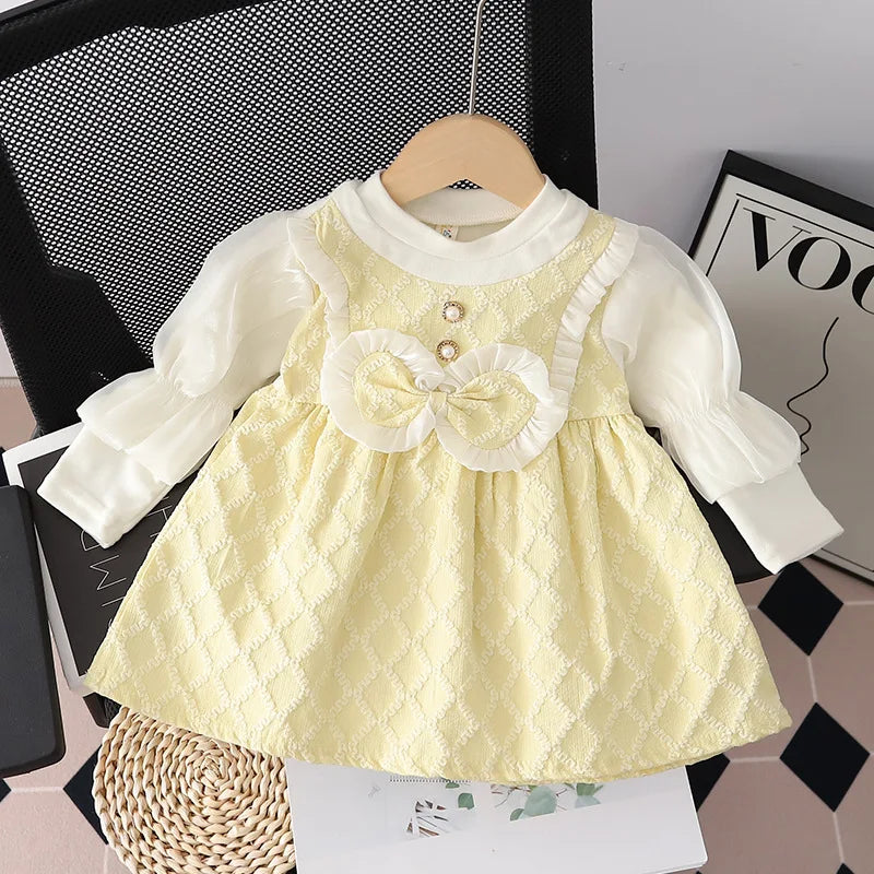 (9 Months -3 Years Old) Spring And Autumn New Sweet Bow Baby Girl Dress, Princess Style Children'S Long Sleeve Clothes