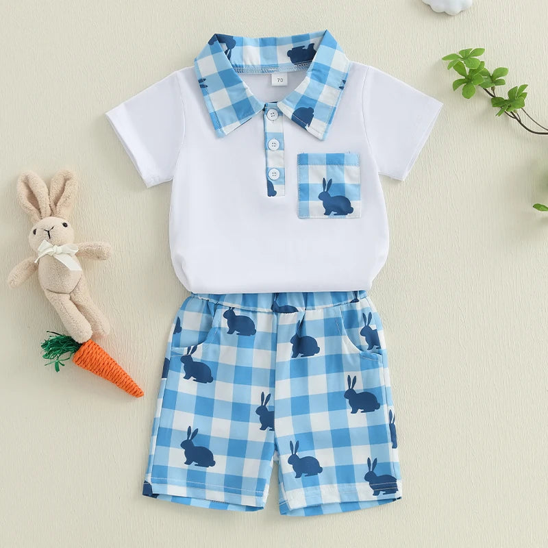 Boys Stylish Plaid Outfit Set with Short Sleeve Lapel Neck Half Button-up Top and Elastic Waistband Shorts for Summer