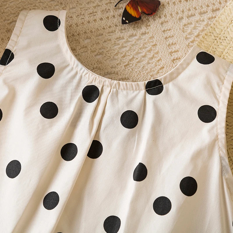 Sweet Black Bow Baby Girl Dress, Summer New Polka Dot Sleeveless Children'S Clothing With Free Hat (9 Months-4 Years Old)