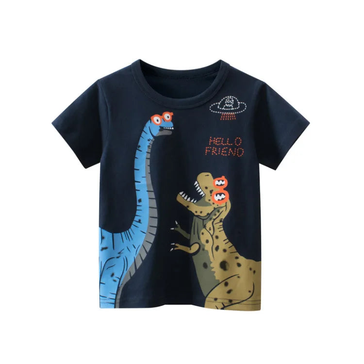 2025 Summer 2 3 4 5 6 8 10 Years Children'S Clothing Dinosaur Car Striped Tees All Match Basic Tops Cartoon T-Shirt For Kids Boy