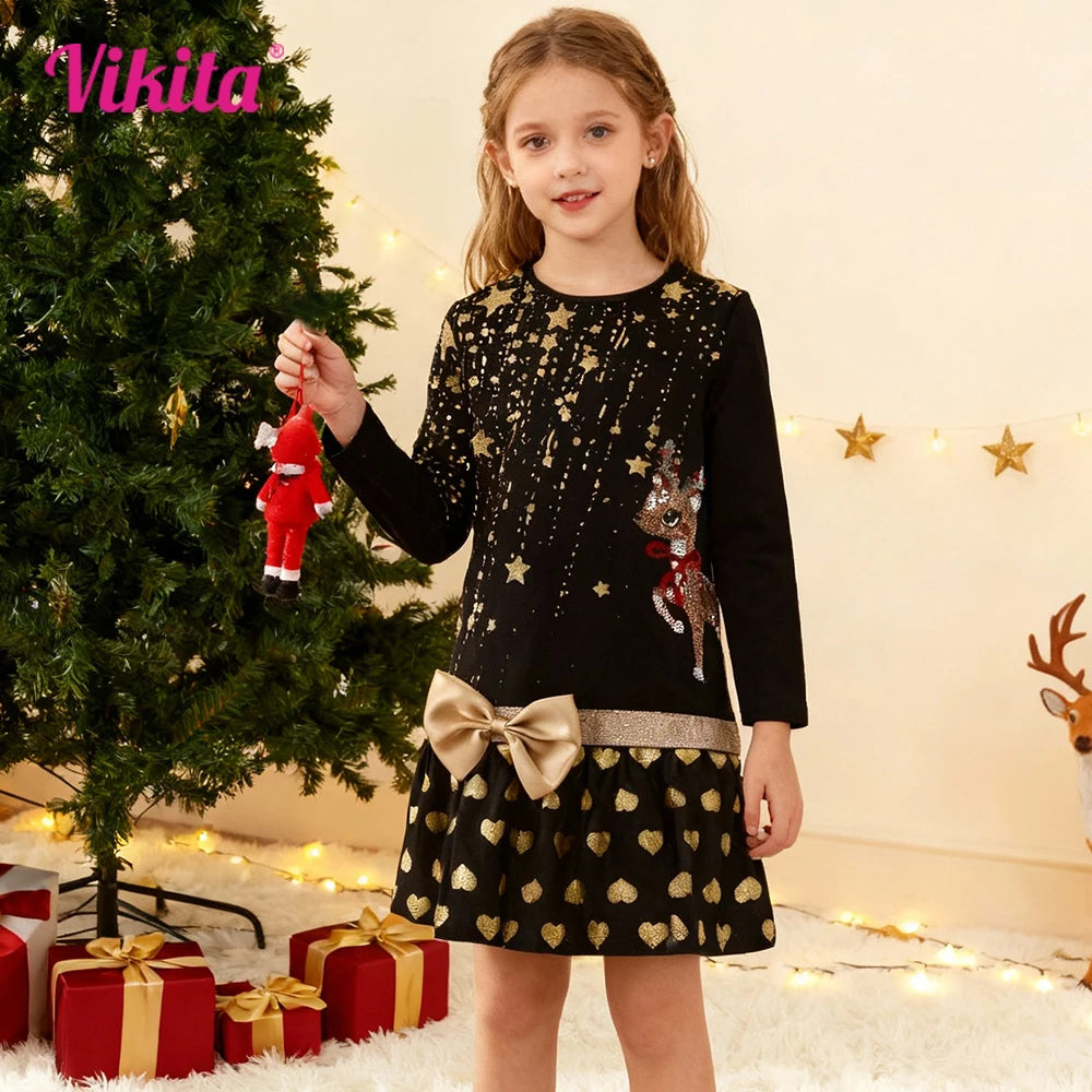 VIKITA Girls Christmas Dress Kids Golden Stars Reindeer Sequined Appliqued Festival New Year Holiday Party Bow Knot Gift Dresses