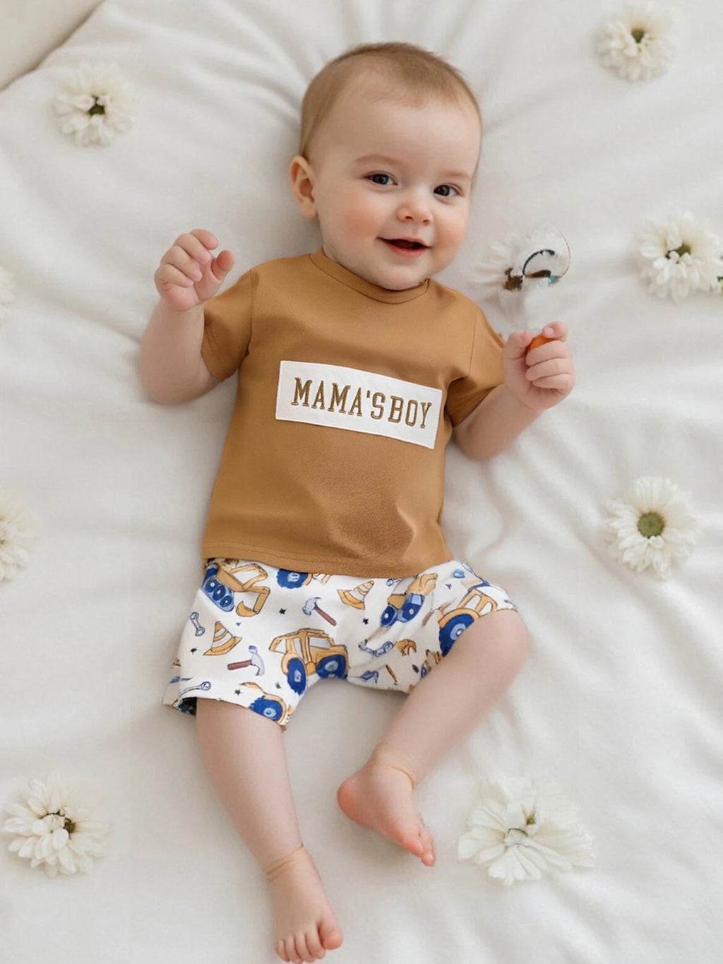 Adorable Baby Boys Summer Outfits with Fun Letter Print T-Shirt and Cute Digger Print Shorts Set for 2-Piece Stylish Ensemble