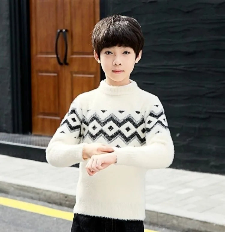 Heavyweight Mink Velvet Boys' Pullover Sweater Autumn Winter Base Layer Thickened Knit Sweater for Kids Ages 3-14 Toddler Youth