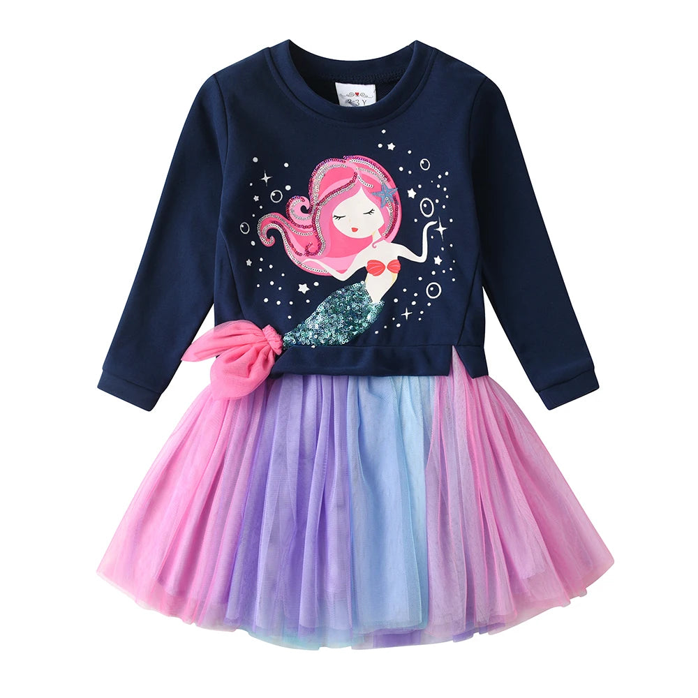 VIKITA Girls Sweater Dress Children Cotton Casual Patchwork Dress Kids Mermaid Appliqued Princess Cartoon Party Fashion Dresses