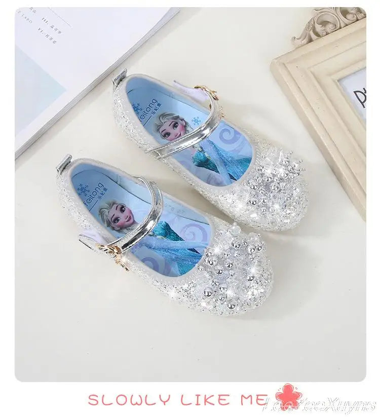 Disney Girls Princess Shoes Soft Sole Little Girl Frozen Children Crystal Casual Shoes Flat Leather Show Dance Shoes Size 22-36