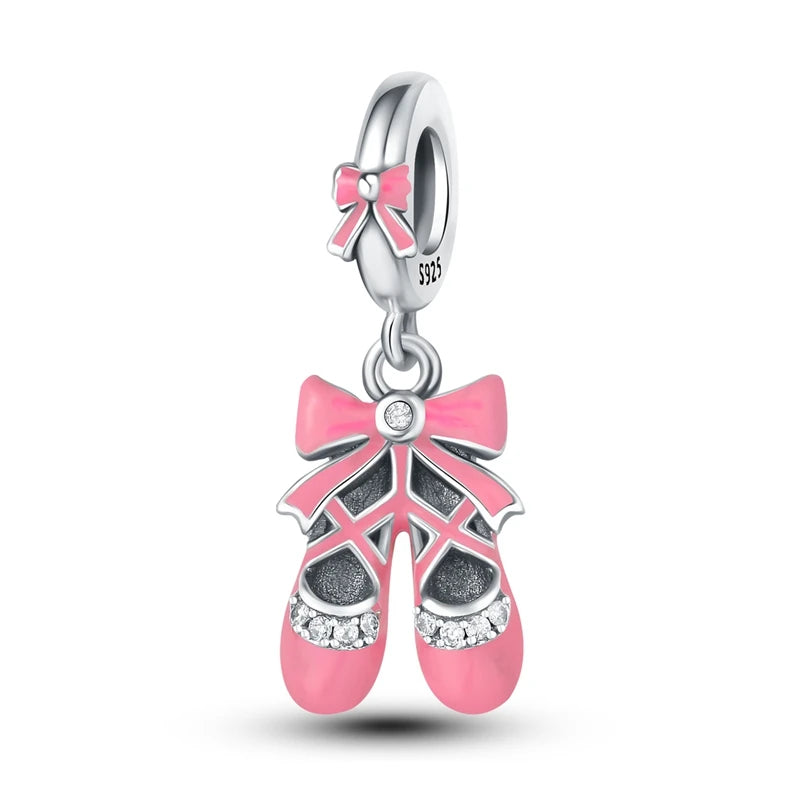 925 Sterling Silver Original Pink Ballet Shoes Charms Ballet Dancer Pendants For Women DIY Bead Fit Original Bracelet Necklace