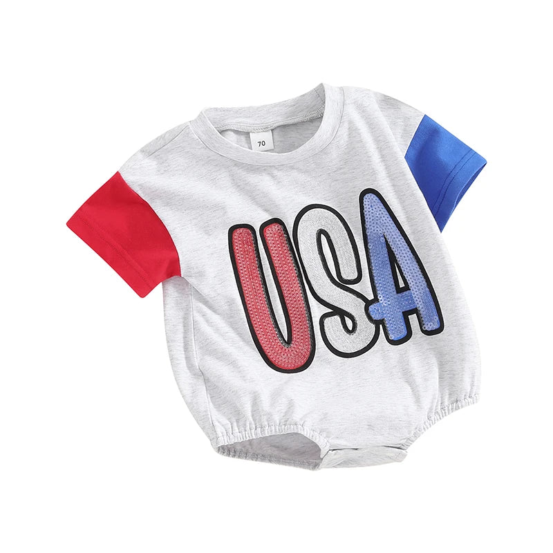 Infant Patriotic Romper American Flag Print Short Sleeve Jumpsuit for Baby Summer Outfit 4th of July Toddler Clothes Cute