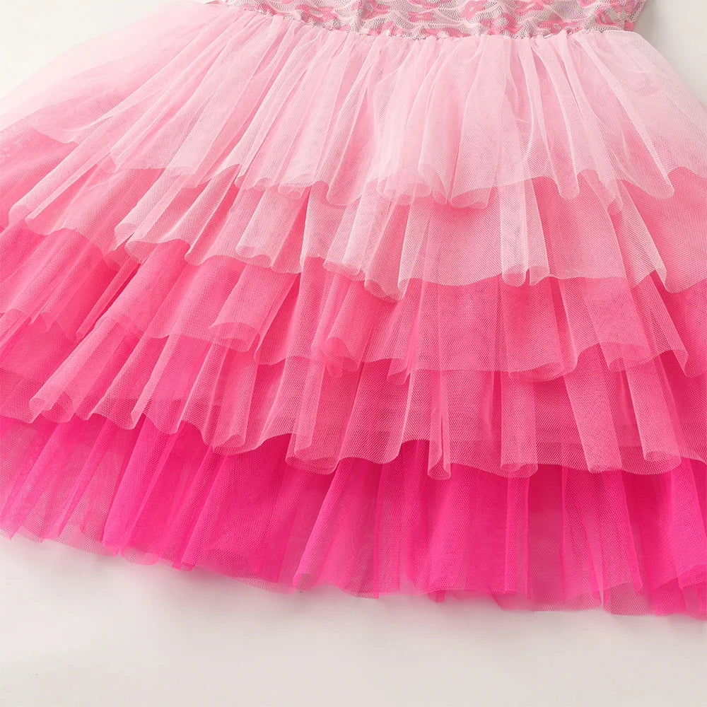 VIKITA Kids Pink Cute Princess Dress Kids Flare Sleeve Flower Print Summer Vestidos Kids Polyester Layered Cake Prom Gown Dress