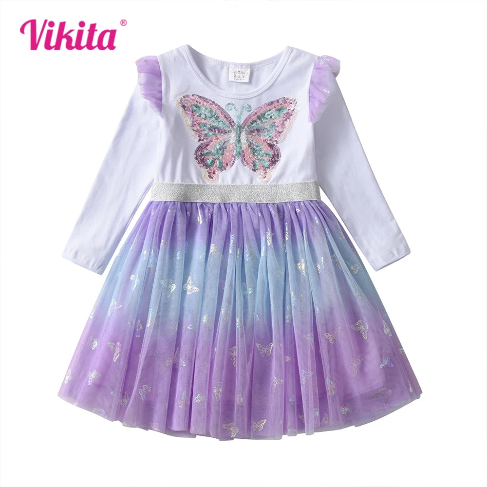 VIKITA Girls Butterfly Sequined Elegant Dress Kids Autumn Spring Purple Gradient Mesh Tulle Princess Party Performance Prom Gown