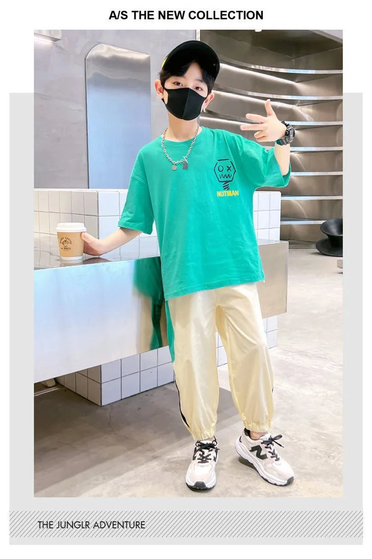 4-12 Years Teen Summer Boys Clothing Sets Fashion Letter Short Sleeve T-shirt Pants 2Pcs Suit For Kids Children Casual Outfits