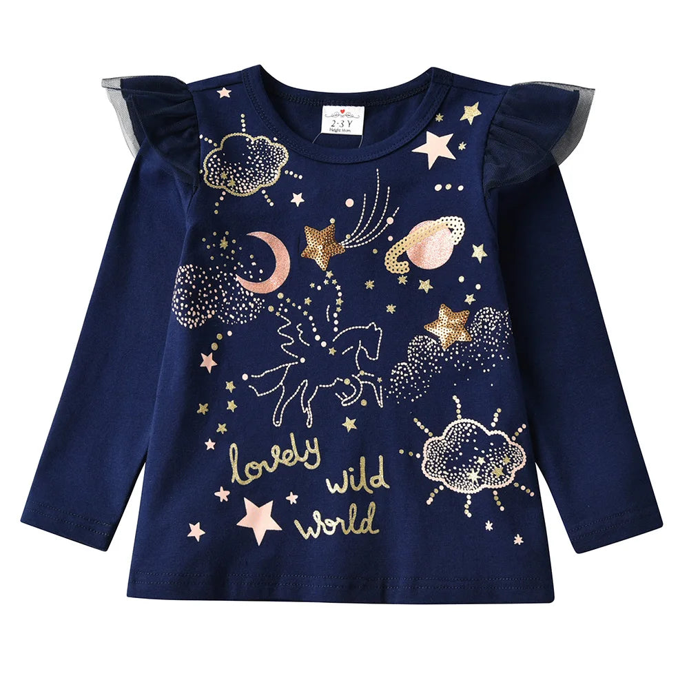 VIKITA Girls Cartoon Sequined Appliqued T Shirts Kids Long Sleeve Autumn Spring Cotton T Shirts Kids Casual Wear Tops and Tees