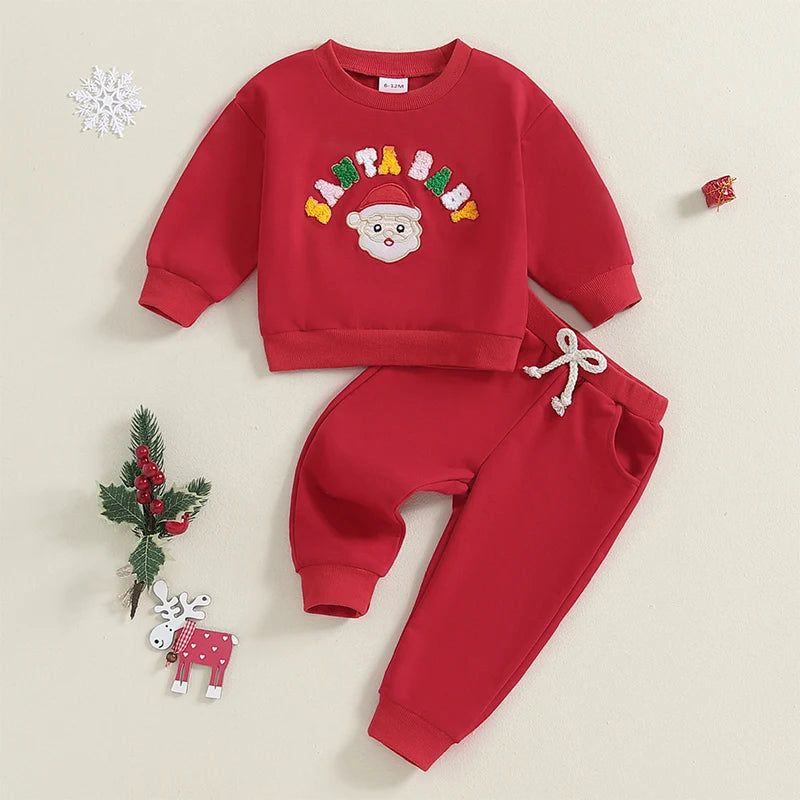 Toddler Boy Girl Winter Christmas Tree Print Long Sleeve Round Neck Sweatshirt and Pants Outfit Set with Letter Embroidery