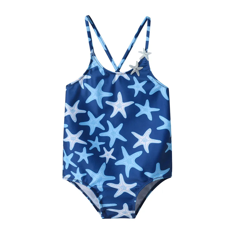 VIKITA Girls Swimwear One Piece Teens Seastar Print High Quality Beachwear for Kids Girls Camisole Swimsuit 4 To 10 Years Old