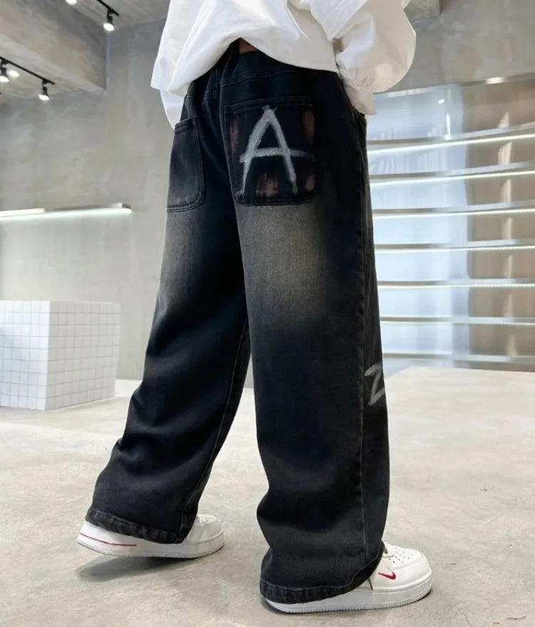 Boys' Trendy Streetwear Jeans for Spring/Fall - Loose Fit Straight-Leg Wide-Leg Denim Pants for Boys 8-14