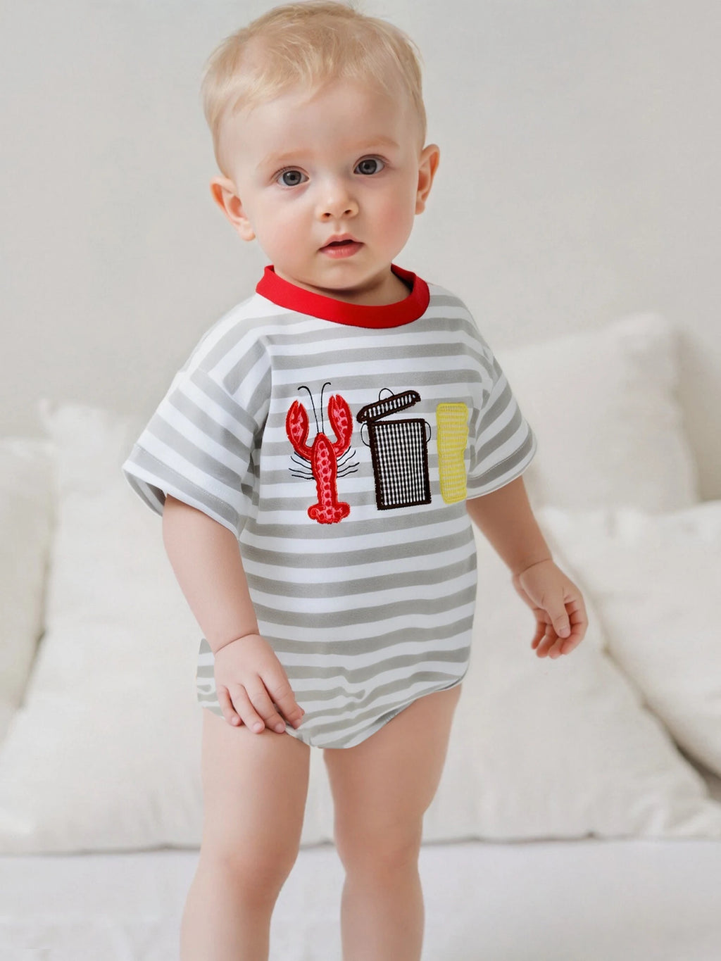 Toddler Boy Casual Striped Romper with Short Sleeves and Cute Lobster Embroidery Round Neck Summer Jumpsuit for Baby Boys