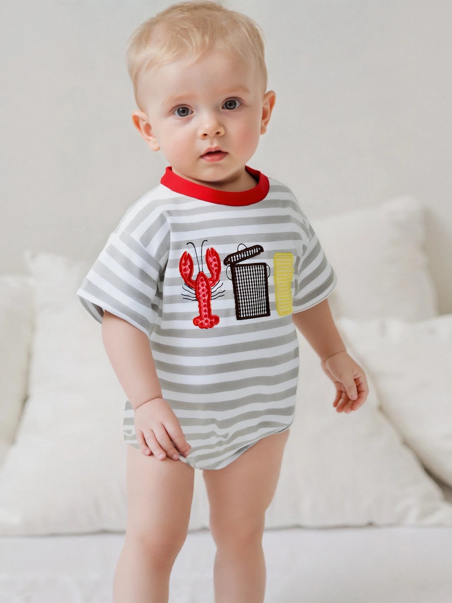 Toddler Boy Casual Striped Romper with Short Sleeves and Cute Lobster Embroidery Round Neck Summer Jumpsuit for Baby Boys