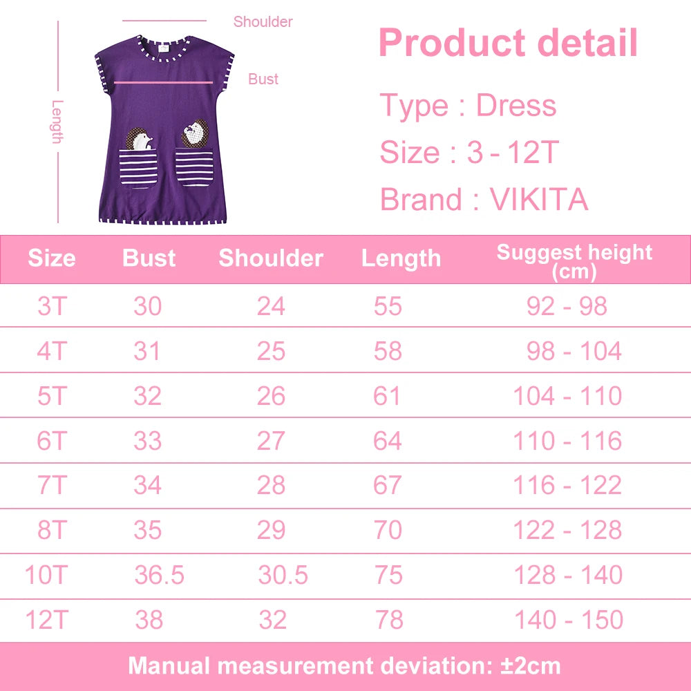 VIKITA Girls Purple Dress Kids Summer Cotton Casual Daily Dresses Girls Hedgehog Print Cartoon Dress with Pockets Kids Clothing