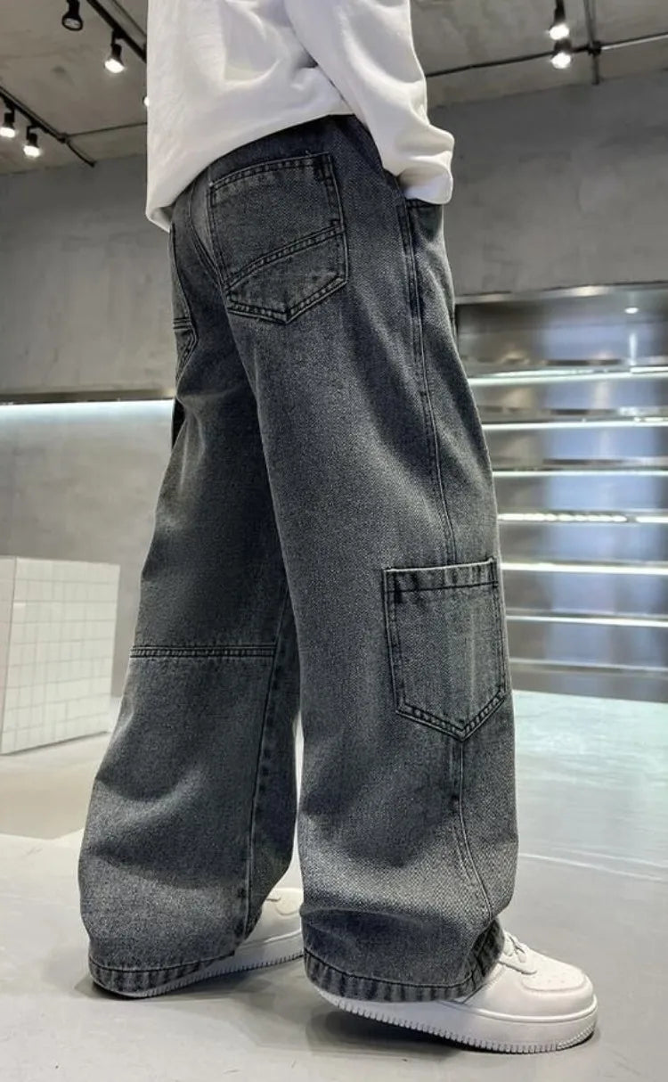 2025 Spring Boys' Wide-Leg Jeans Loose-Fit Trendy Streetwear for Kids Ages 8-14